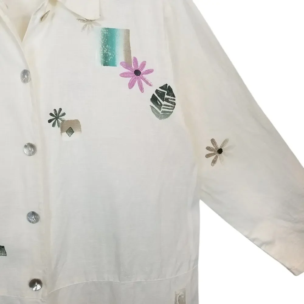 Play Alegre Hand Painted Linen Art To Wear Skirt Jacket Set Cream Size M/L